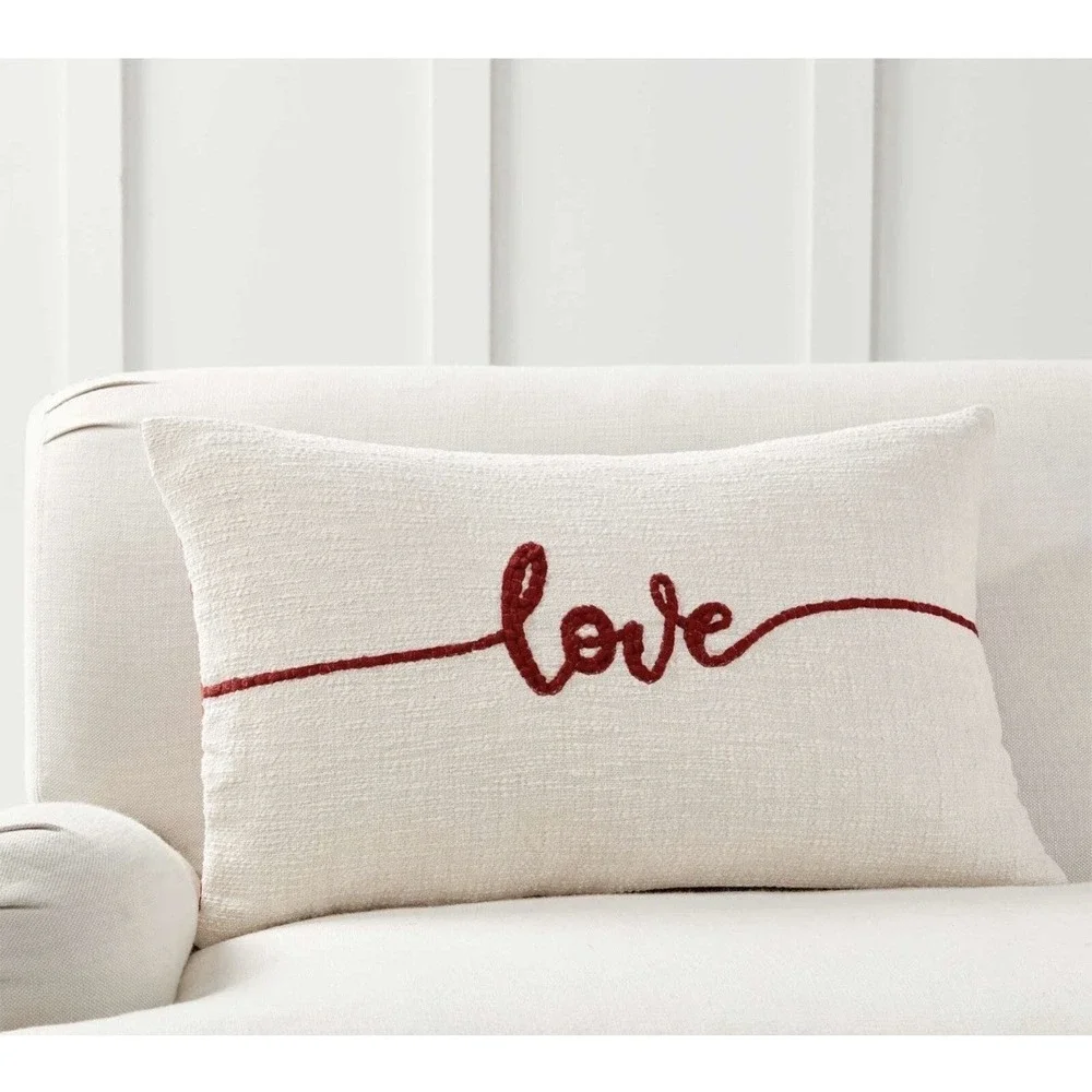 Pottery Barn Sentimental Love Embroidered Pillow Cover Red 16x26 New With Tag